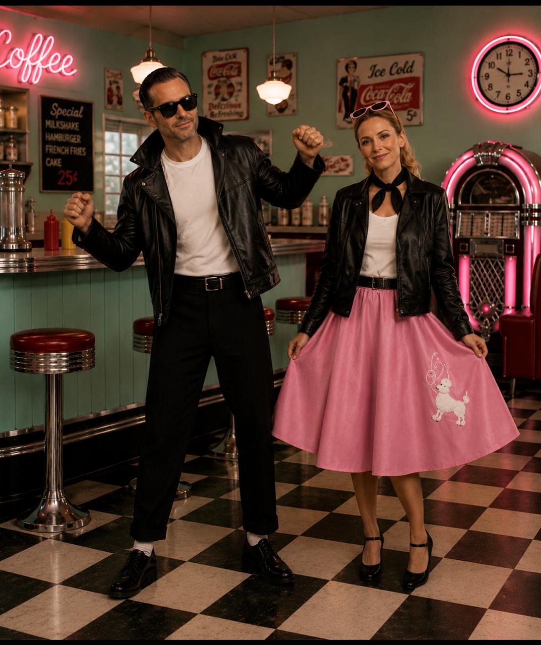 Ejemplo de vestimenta rock de los 60's;caracterizada por las chaquetas de cuero negras, playeras blancas y faldas de vuelo rosa