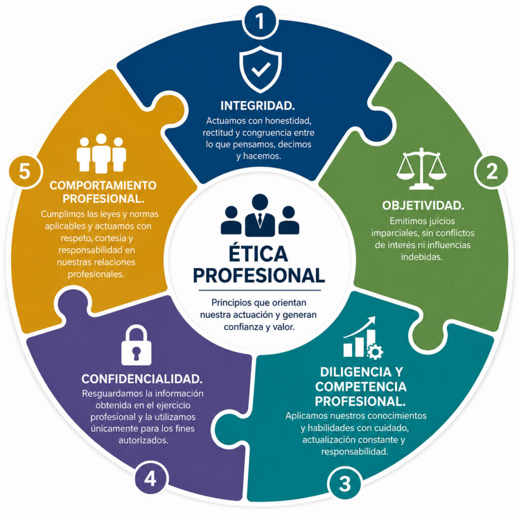 Infografía sobre ética profesional: integridad, objetividad, diligencia, confidencialidad y comportamiento profesional.