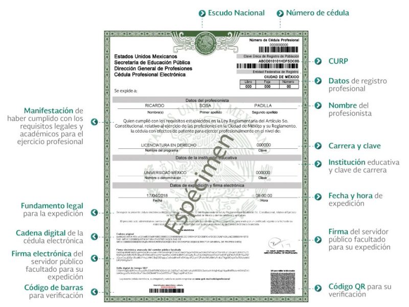Cédula profesional electrónica de México con CURP, datos del profesionista, carrera e institución educativa, firma electrónica, código QR y elementos de validación oficial.